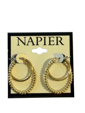 Napier Gold Double Hoop Earrings with Beaded Outer Ring